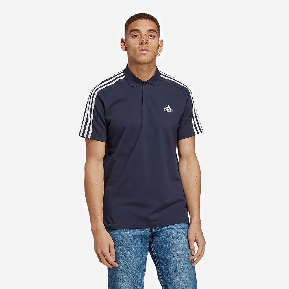 Polo à manches courtes homme petit logo et 3 bandes en piqué brodé Essentials Bleu