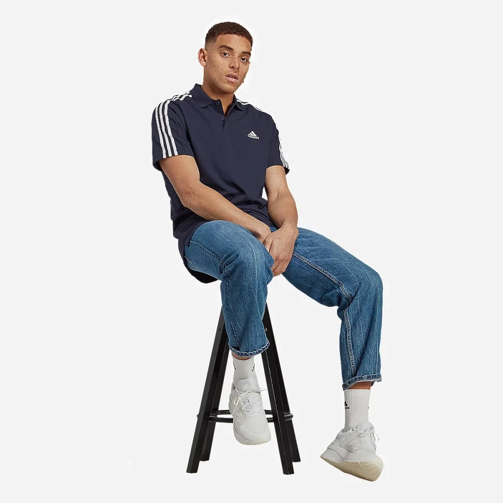 Polo à manches courtes homme petit logo et 3 bandes en piqué brodé Essentials Bleu