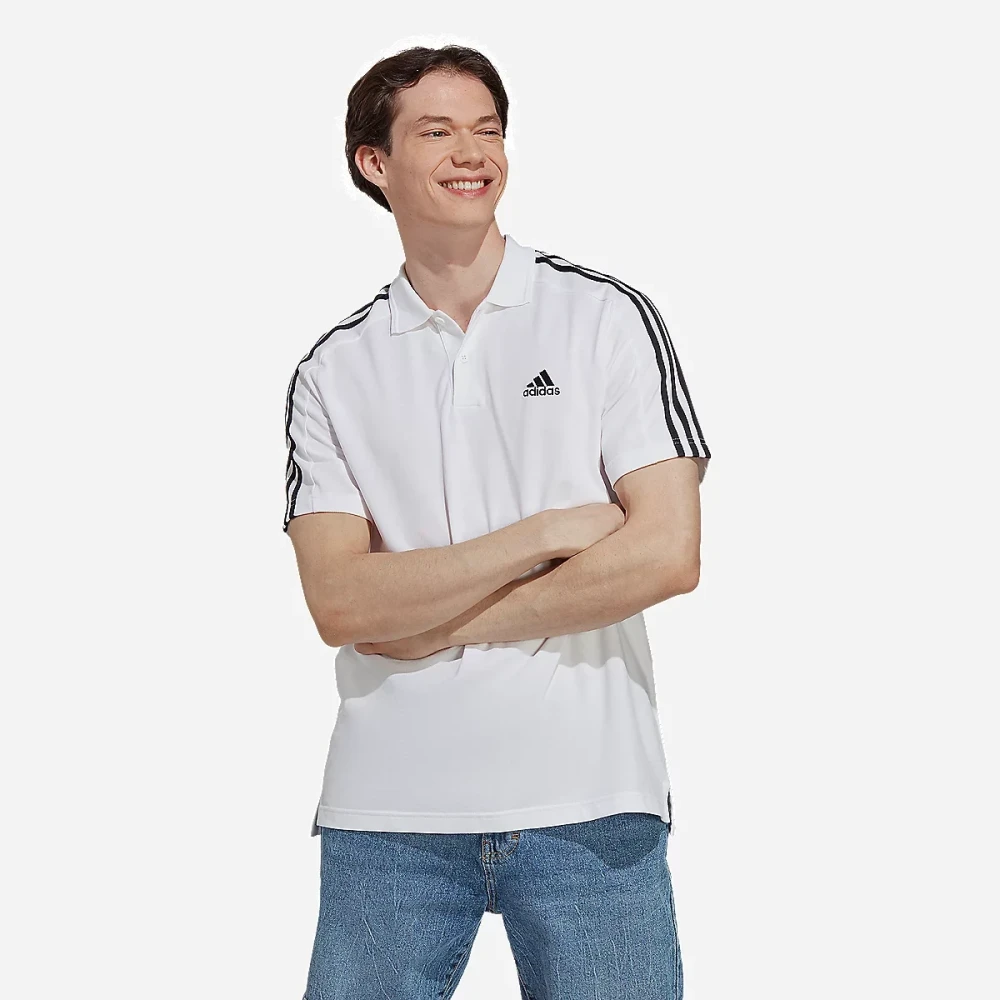 Polo à manches courtes homme petit logo et 3 bandes en piqué brodé Essentials Blanc