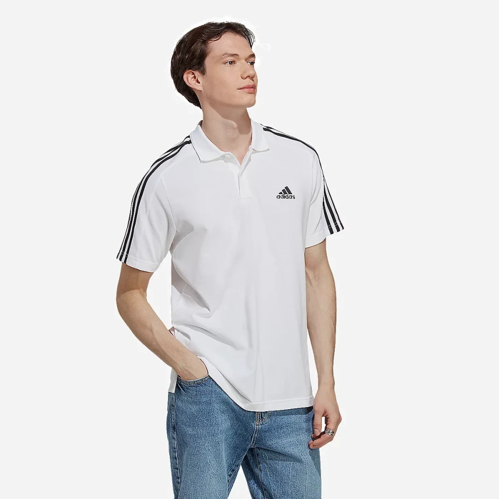 Polo à manches courtes homme petit logo et 3 bandes en piqué brodé Essentials Blanc