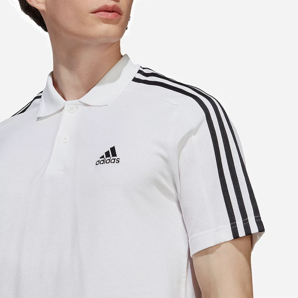 Polo à manches courtes homme petit logo et 3 bandes en piqué brodé Essentials Blanc